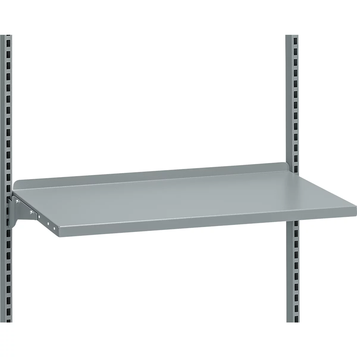 Gray shelf attached to vertical rails. The shelf is rectangular.