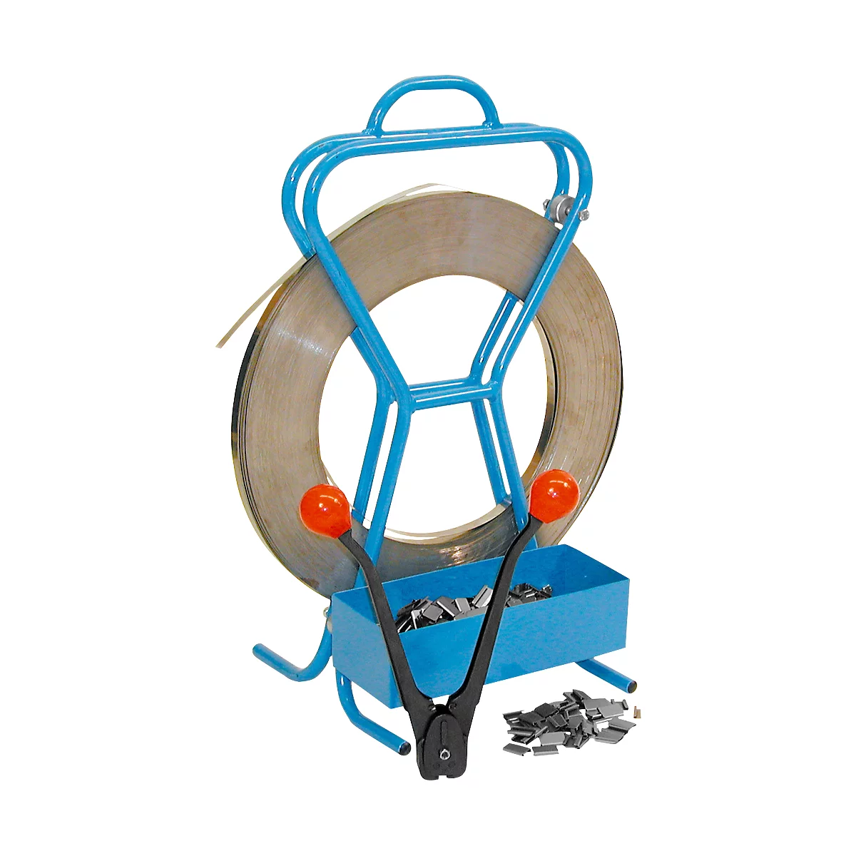 Blue metal strapping dispenser with steel band roll, orange handles and a clamp. Metal clips are visible in the foreground.