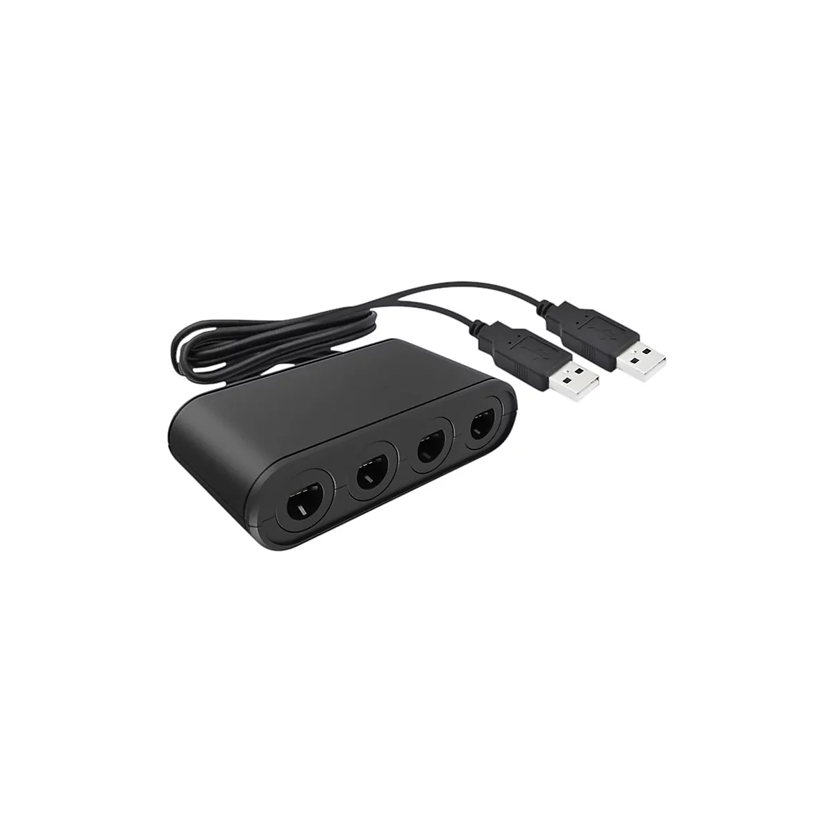 Schwarzer USB-Hub mit vier Anschlüssen und zwei Kabeln vor weißem Hintergrund.