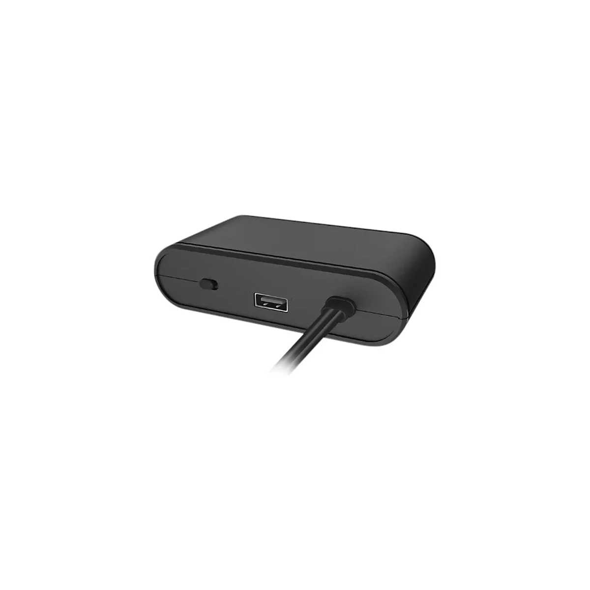 Schwarzes, abgerundetes Gehäuse mit einem USB-Anschluss, einem kleinen Schalter und einem fest angeschlossenen Kabel.