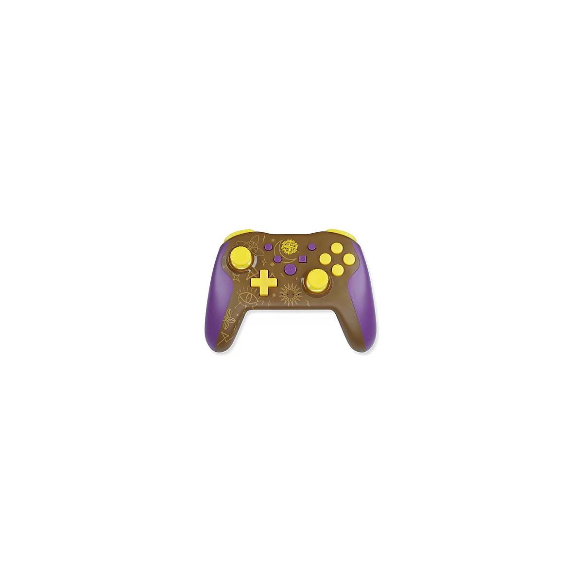 Ein brauner Controller mit gelben Knöpfen und violetten Griffen, verziert mit Symbolen.