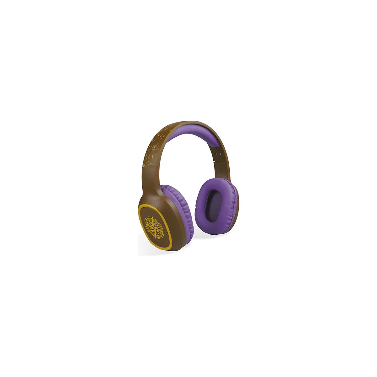 Braune und violette Kopfhörer mit Kompass- und Mond-Design. Die Ohrmuscheln sind violett, der Bügel innen auch.