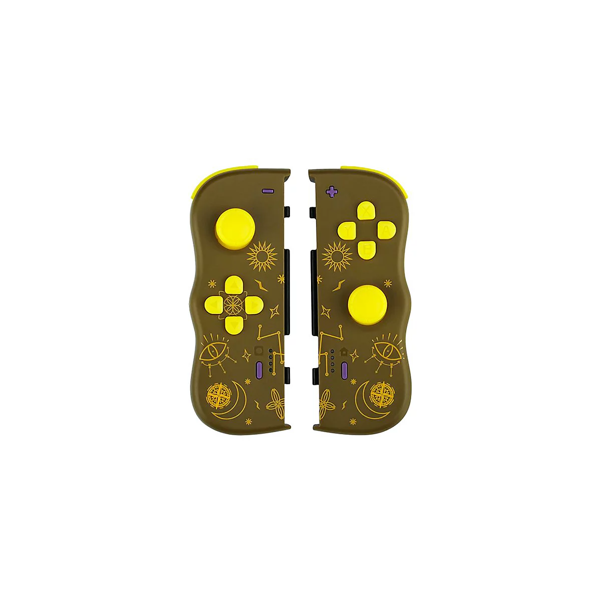 Zwei braune Joy-Con-Controller für die Nintendo Switch, verziert mit gelben Symbolen und Knöpfen.