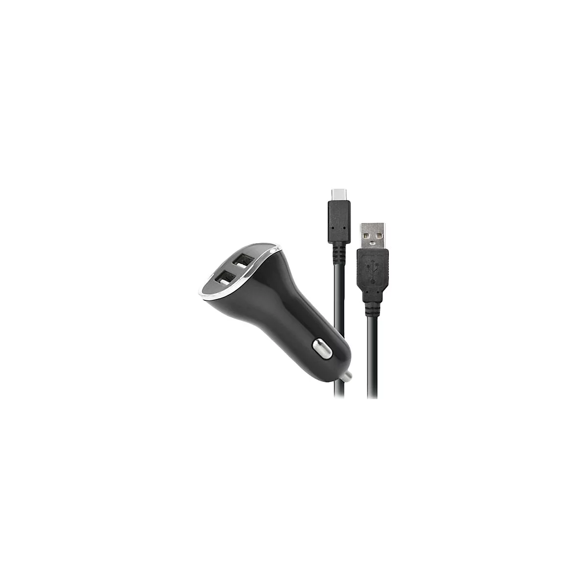 Ein schwarzes Autoladegerät mit zwei USB-Anschlüssen und zwei schwarzen Ladekabeln mit USB-C- und USB-A-Anschlüssen.