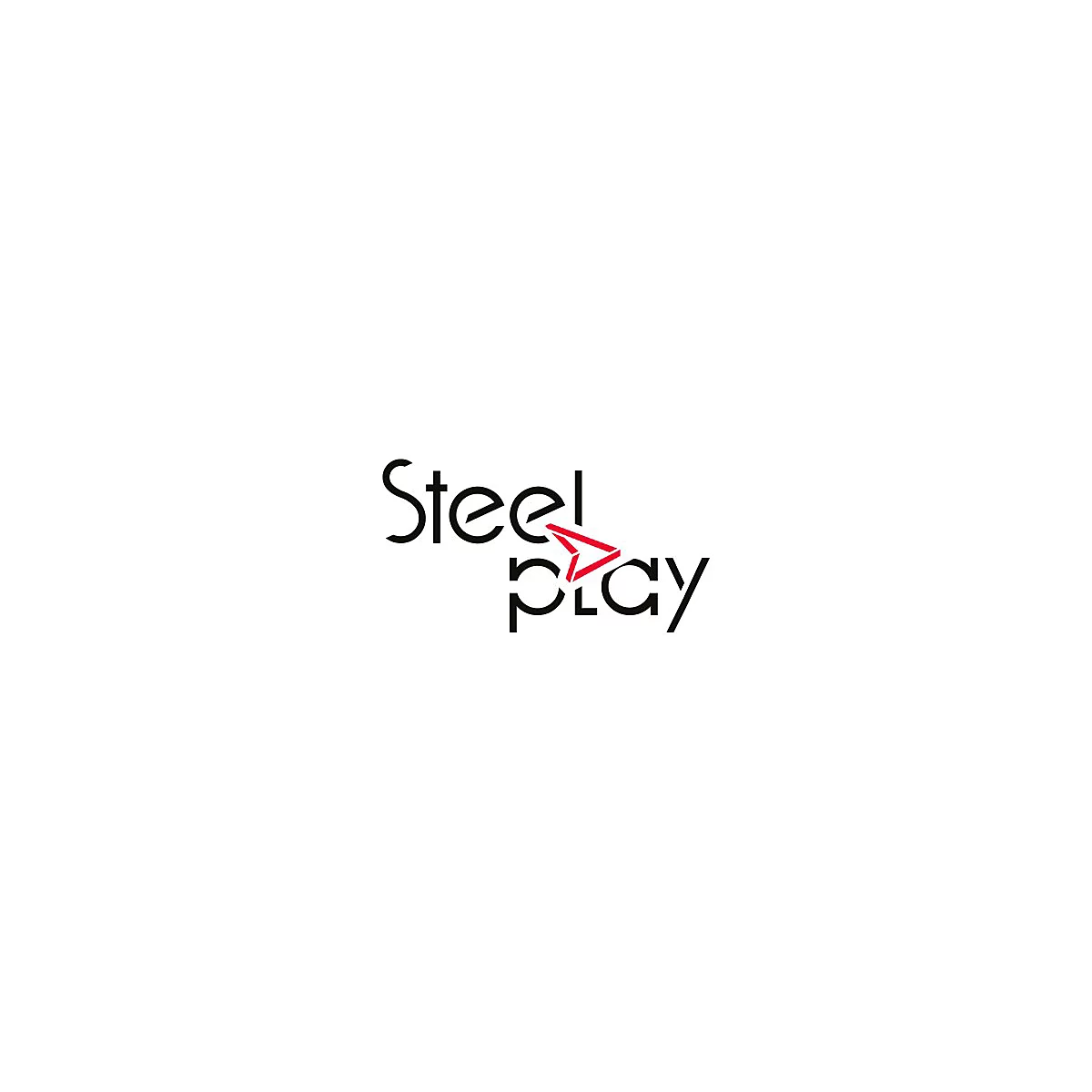 Logo von Steelplay. Der Schriftzug ist schwarz, das „e“ wird durch ein rotes Dreieck mit roter Umrandung ersetzt.