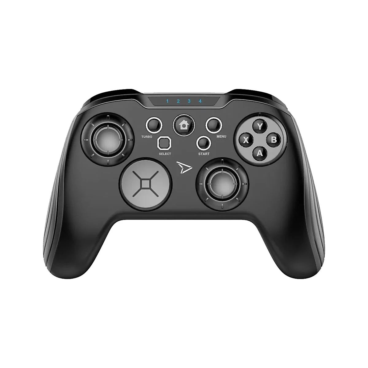 Schwarzer Gamecontroller mit Knöpfen und Joysticks. Oben Ziffern 1-4, darunter Knöpfe mit Beschriftungen wie Turbo, Select, Menu, Start.
