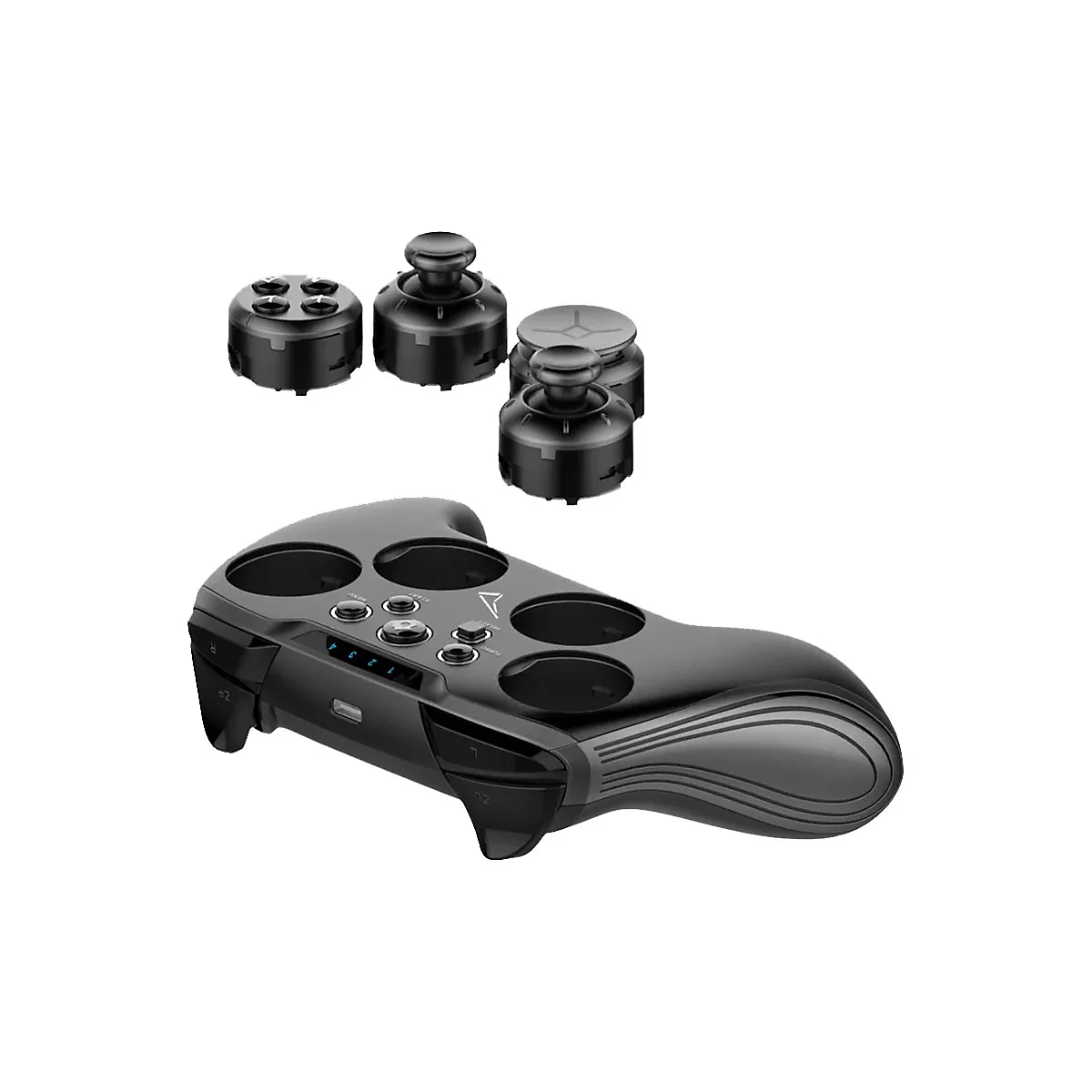 Ein schwarzer Gamecontroller mit abnehmbaren Elementen. Oben liegen Ersatzteile. Der Controller hat Knöpfe, Joysticks und einen ergonomischen Griff.
