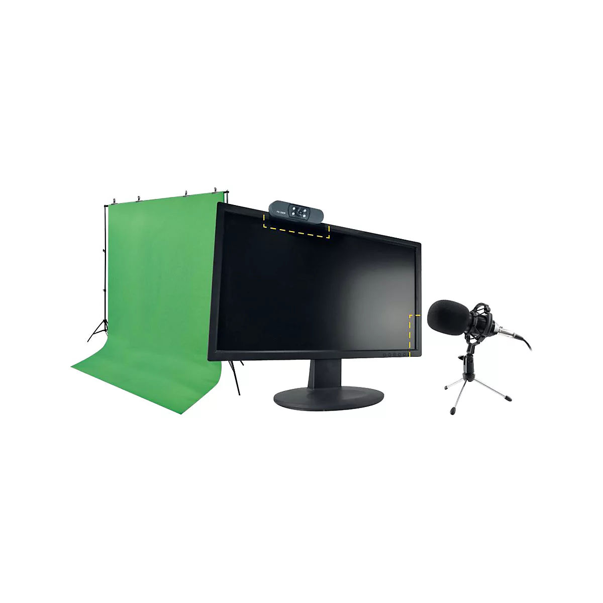 Ein Monitor mit Webcam und Mikrofon vor grünem Hintergrund. Für Streaming und Videokonferenzen.