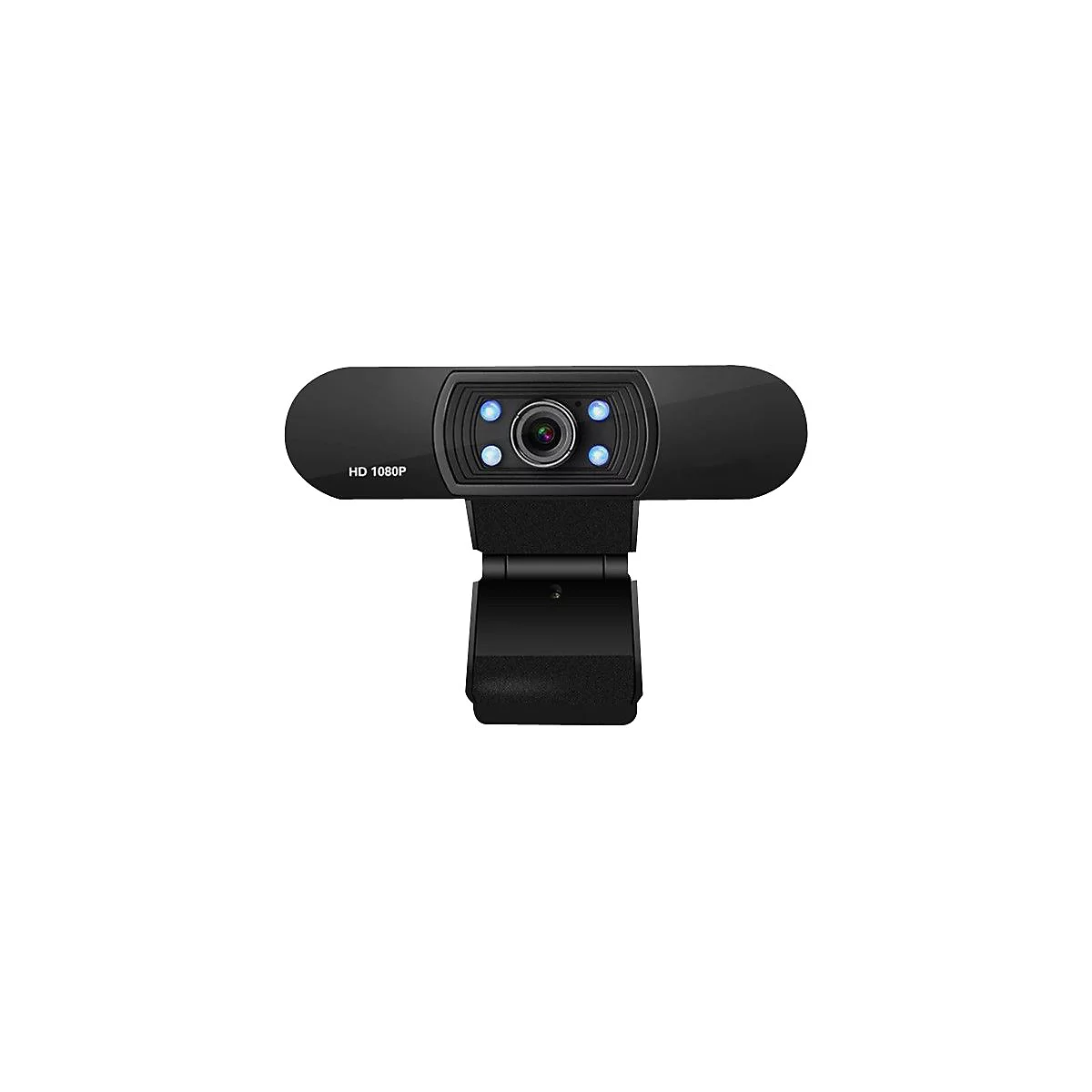 Schwarze Webcam mit HD 1080P-Schriftzug. In der Mitte der Kamera befinden sich blaue LEDs.