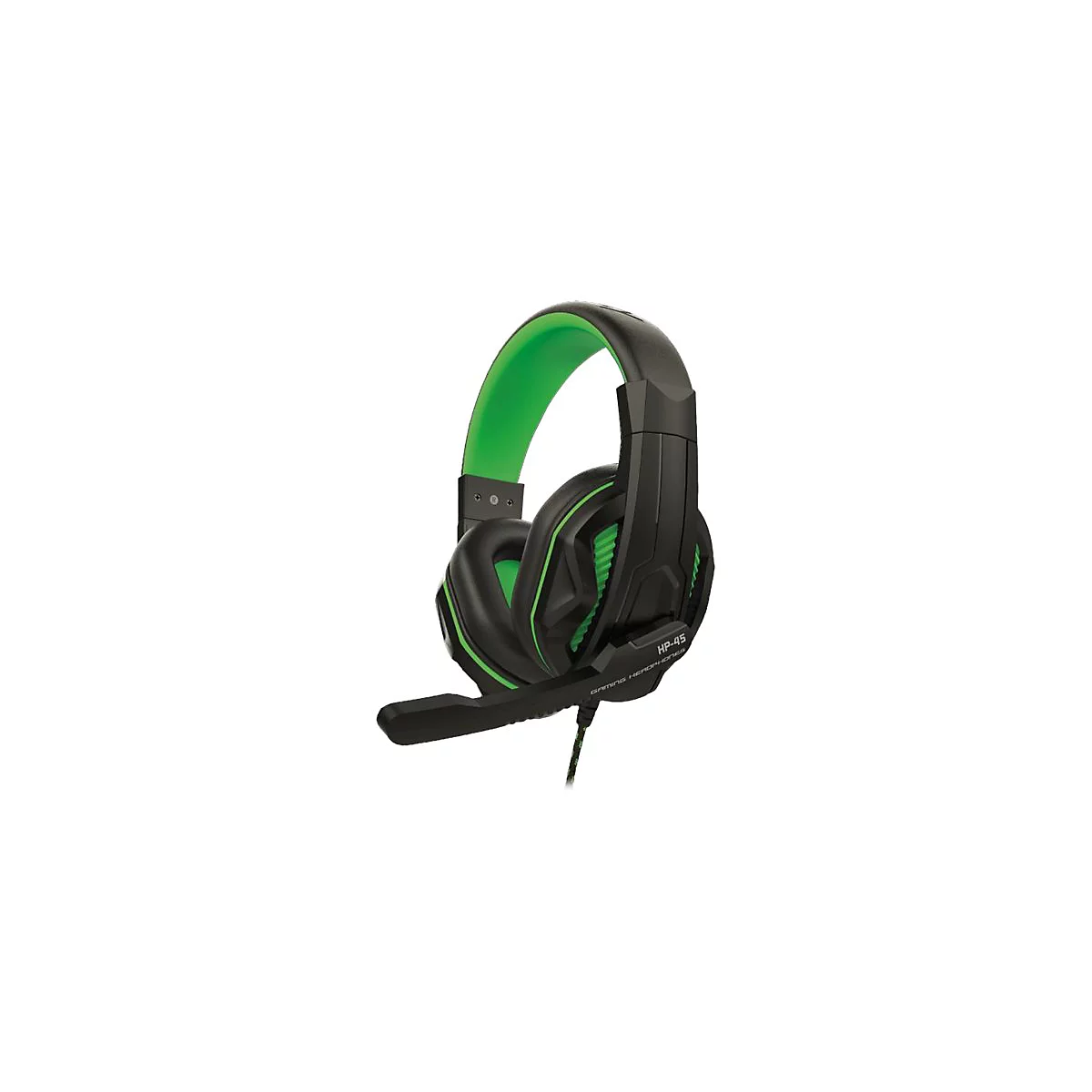 Schwarzes Gaming-Headset mit grünen Akzenten, Mikrofon und Kabel, vor weißem Hintergrund.