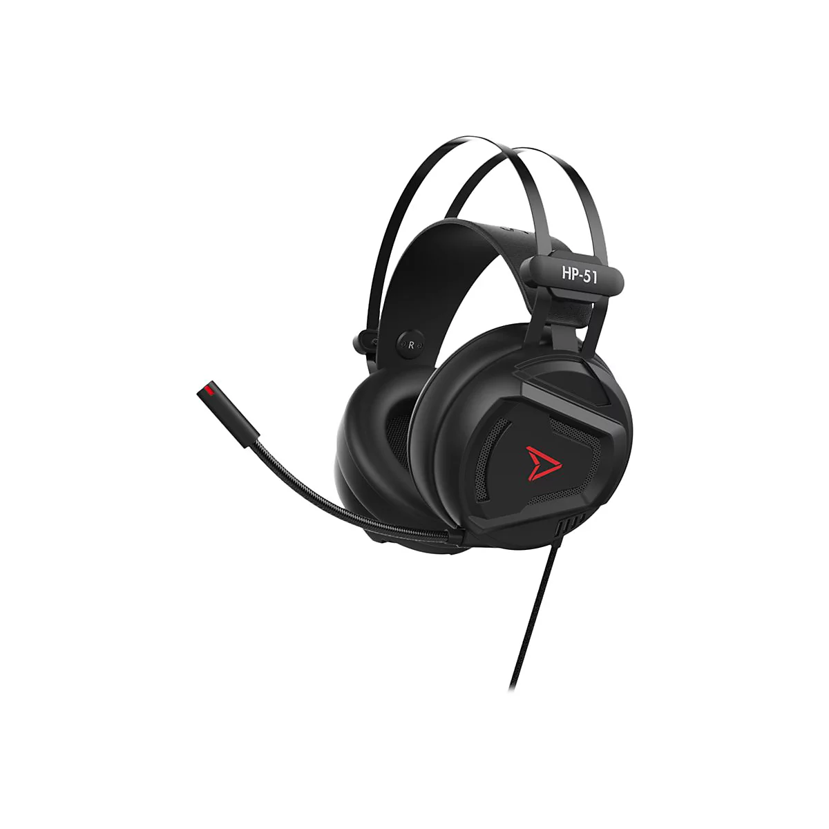 Schwarzes Gaming-Headset mit rotem Akzent. Auf dem Kopfbügel steht "HP-51".