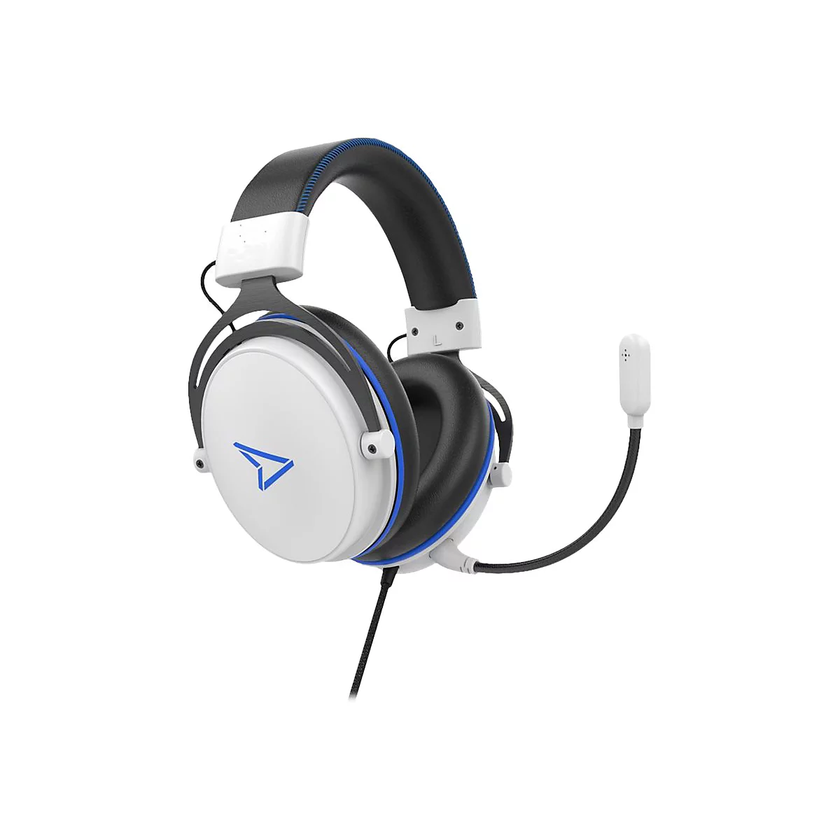 Weißes Gaming-Headset mit blauem Akzent, schwarzem Bügel und Mikrofon.