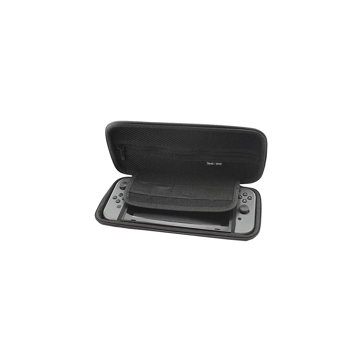 Étui de transport noir, ouvert, avec console Nintendo Switch. Sur l'étui, on peut lire 'Steelplay'.