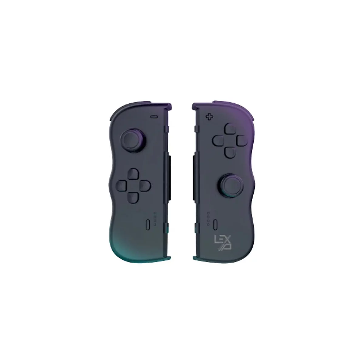 Zwei schwarze Gamecontroller-Seiten mit Knöpfen und Joysticks, vor weißem Hintergrund. Eine Seite hat ein Pluszeichen, die andere ein Minuszeichen.