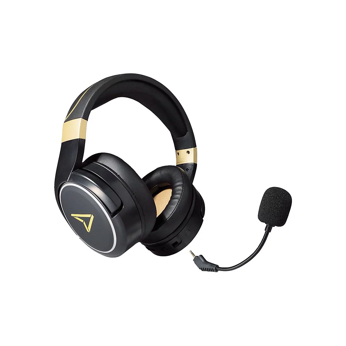 Schwarzer Kopfhörer mit goldenen Akzenten und abnehmbarem Mikrofon, isoliert vor weißem Hintergrund.