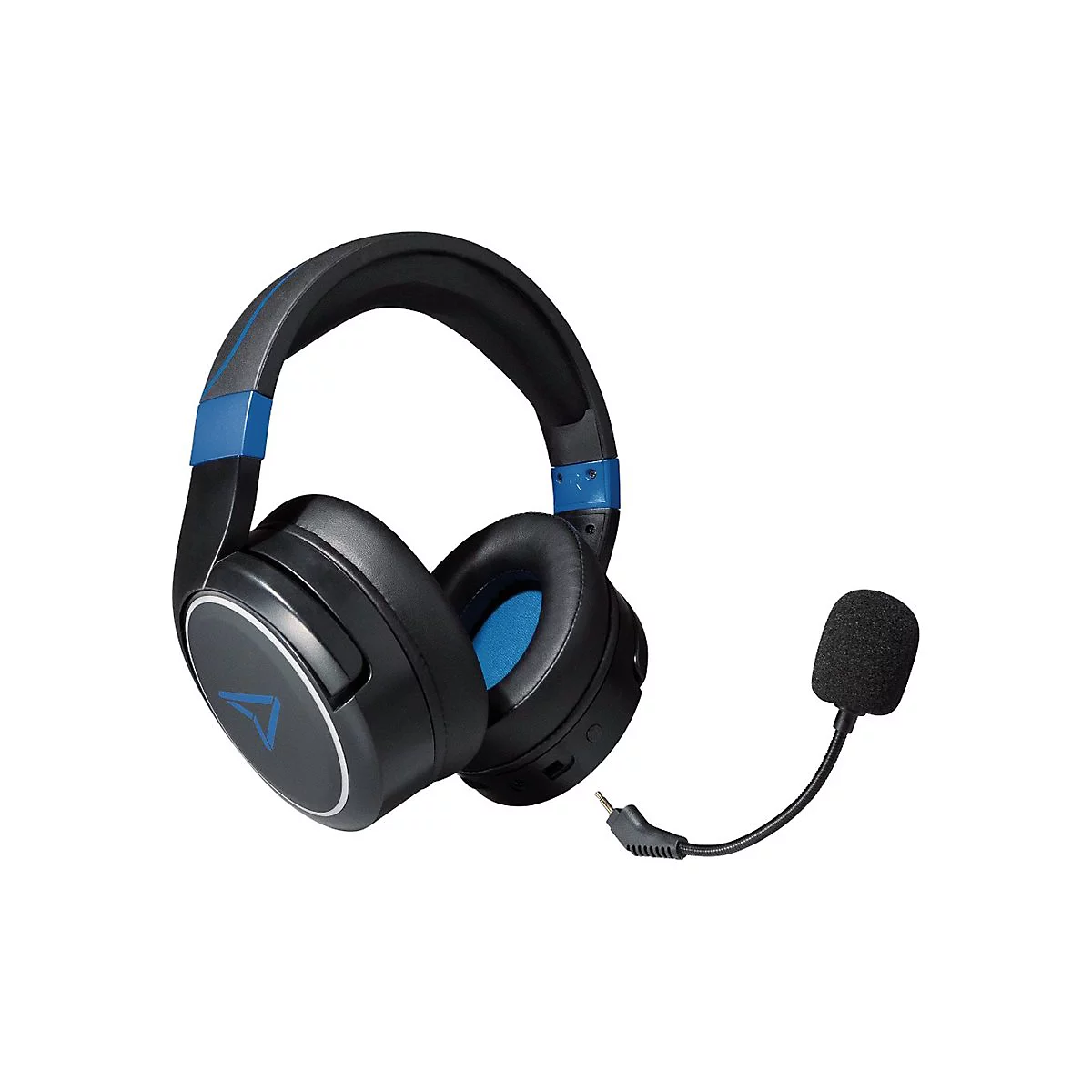 Schwarzes Gaming-Headset mit blauem Akzent. Ein abnehmbares Mikrofon ist angeschlossen.