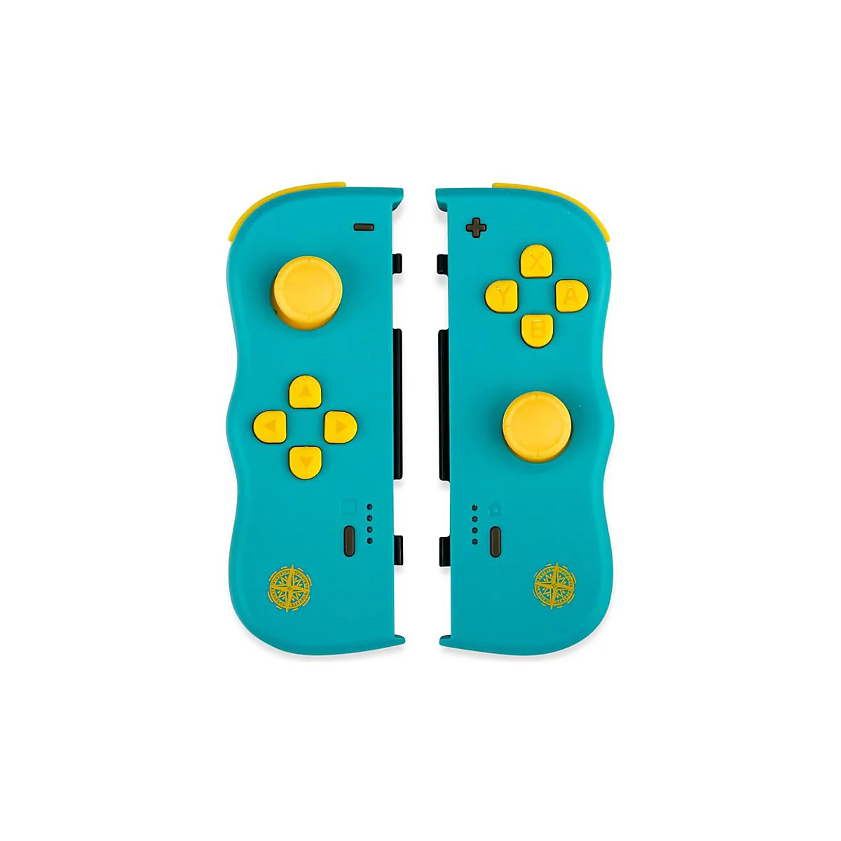 Zwei blaue Controller für eine Spielkonsole mit gelben Knöpfen, D-Pad, Joystick und Kompass-Logo.