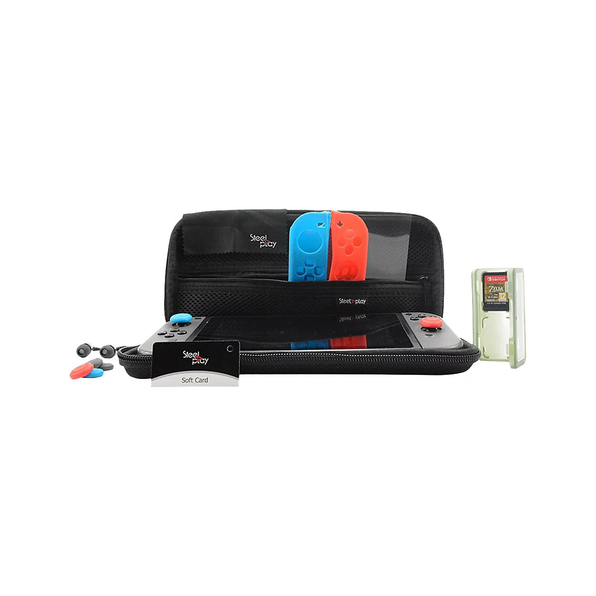 Nintendo Switch Zubehör-Set, schwarz. Enthält Konsole, Controller, Tasche, Spiel, Kopfhörer und Karten.