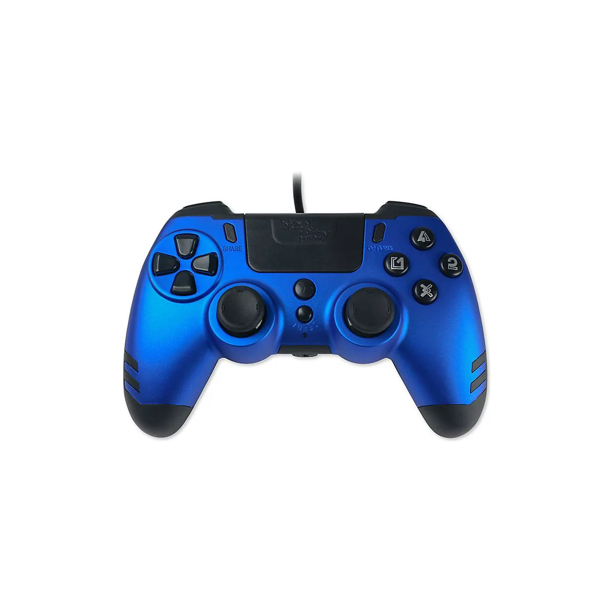 Blauer Gamecontroller. Schwarze Tasten, Richtungskreuz, Joysticks und Funktionstasten.