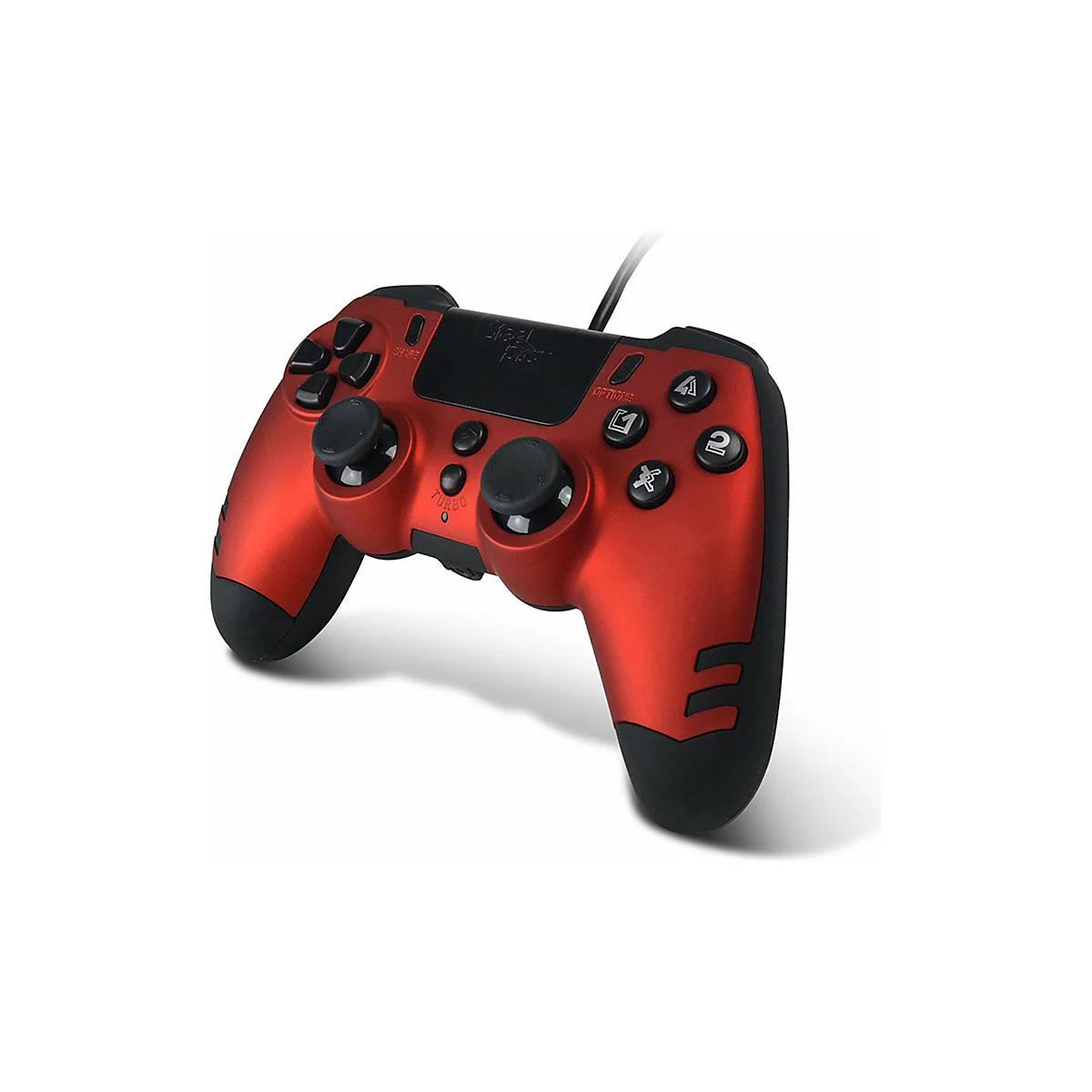 Ein roter Gamecontroller liegt auf weißem Grund. Er hat schwarze Knöpfe und Joysticks. Das Kabel ist schwarz.