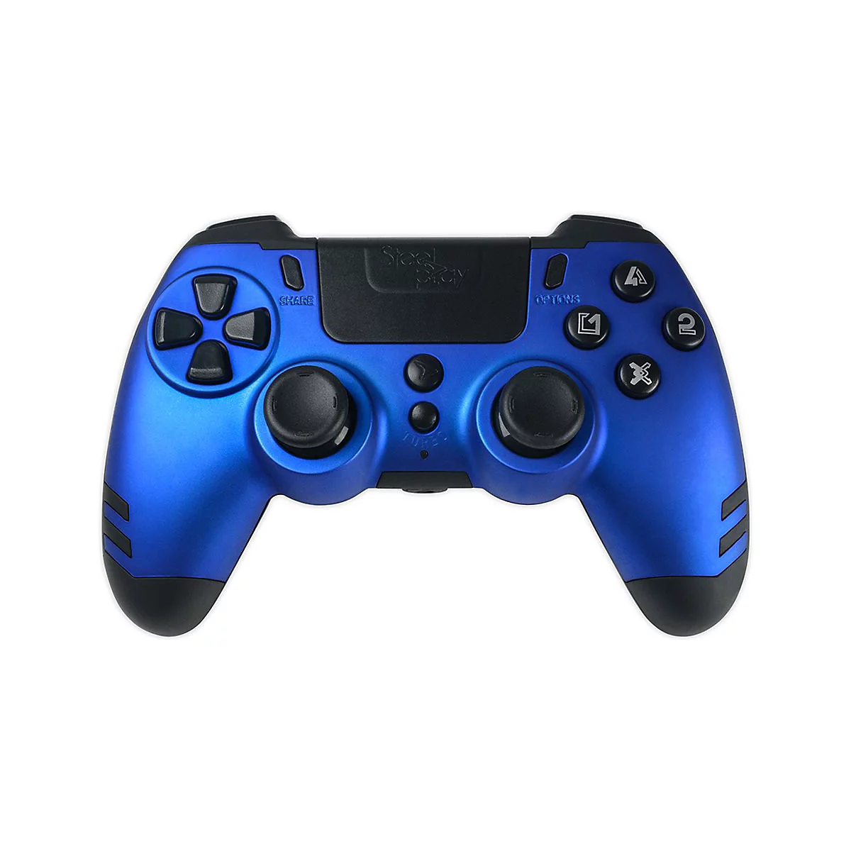 Blauer Gamecontroller. Tasten: Share, Options, Pfeiltasten, zwei Joysticks.