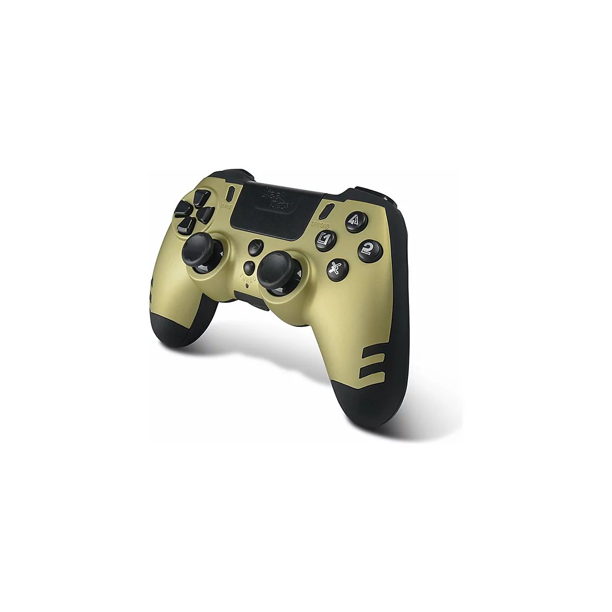 Goldener Gamecontroller mit schwarzen Details, Knöpfen und Joysticks. Aufschrift 'Steel Pack'.