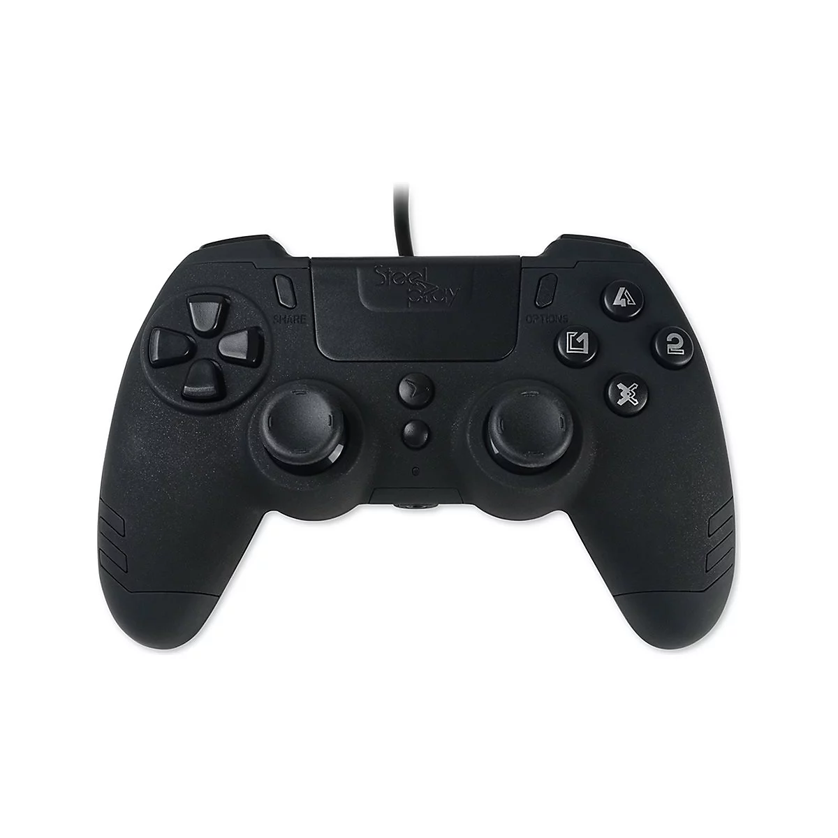 Manette de jeu noire avec boutons et joysticks. Lit 'SteelSeries'.