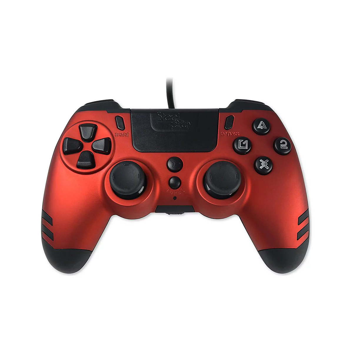 Manette de jeu rouge avec des boutons et des détails noirs. La surface est texturée.