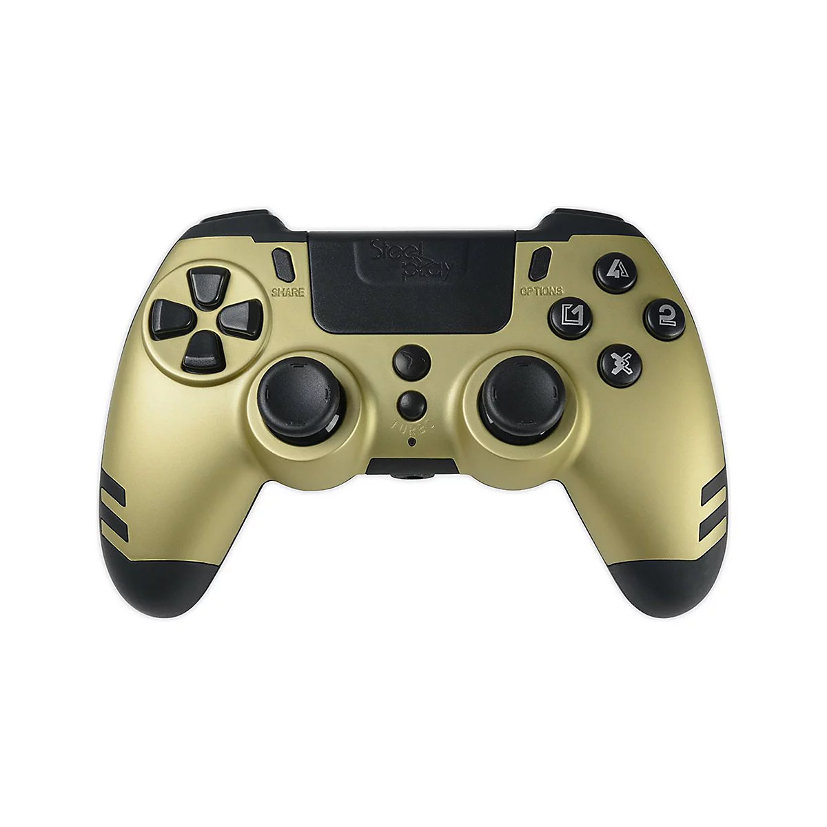 Manette de jeu dorée avec détails noirs, boutons et texte sur fond blanc.