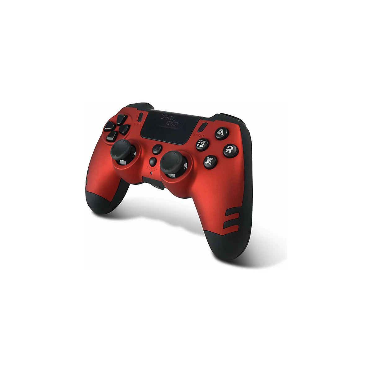 Manette de jeu rouge avec des détails noirs, des boutons et des boutons sur fond blanc. Inscription "Stealth".