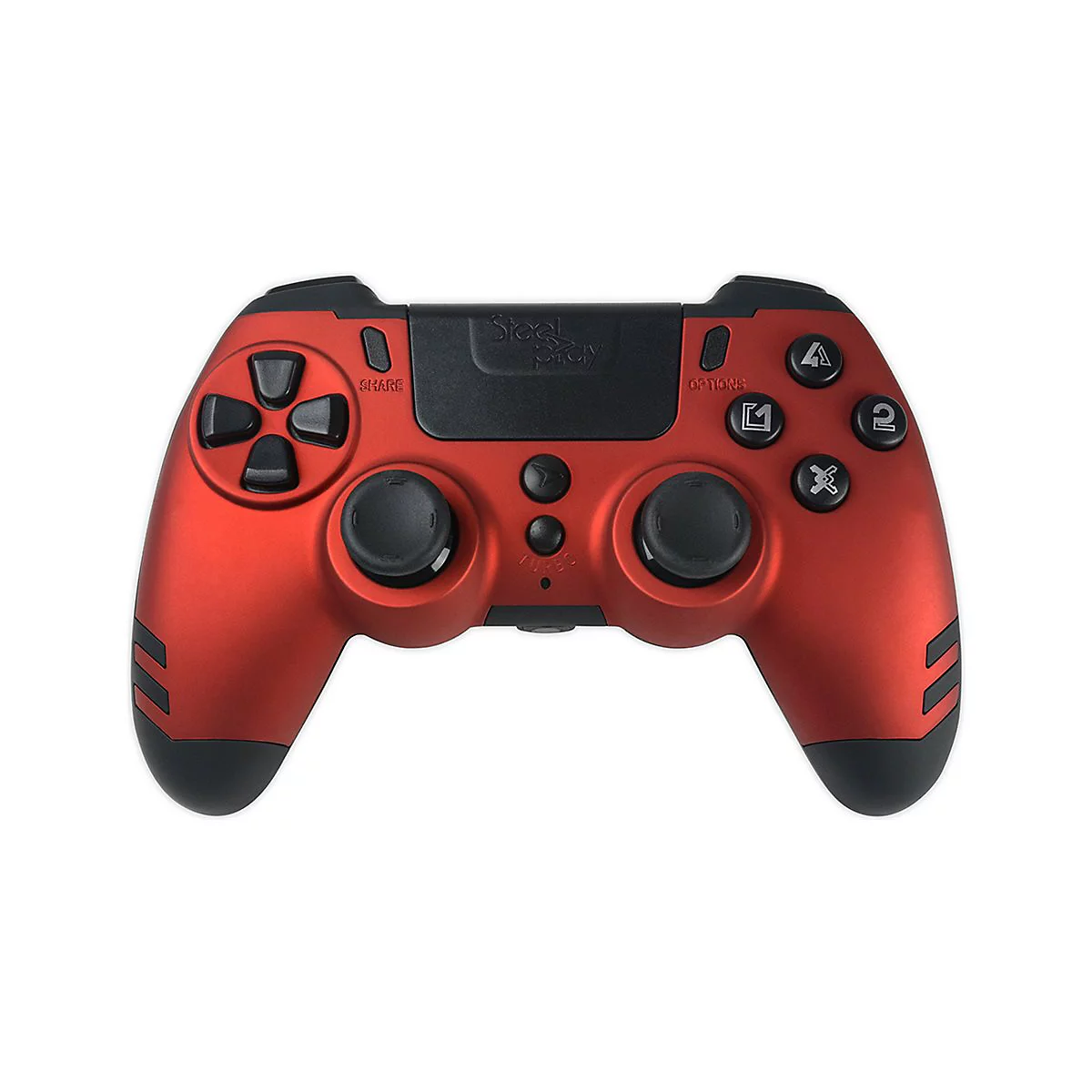 Manette de jeu rouge avec boutons noirs et l'inscription "Steelplay".