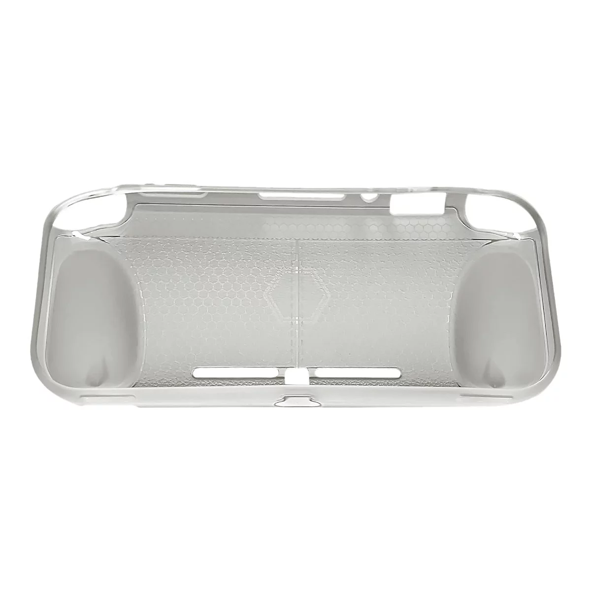 Transparente Schutzhülle für ein Handheld-Gerät, mit Griffmulden und hexagonförmigem Muster.