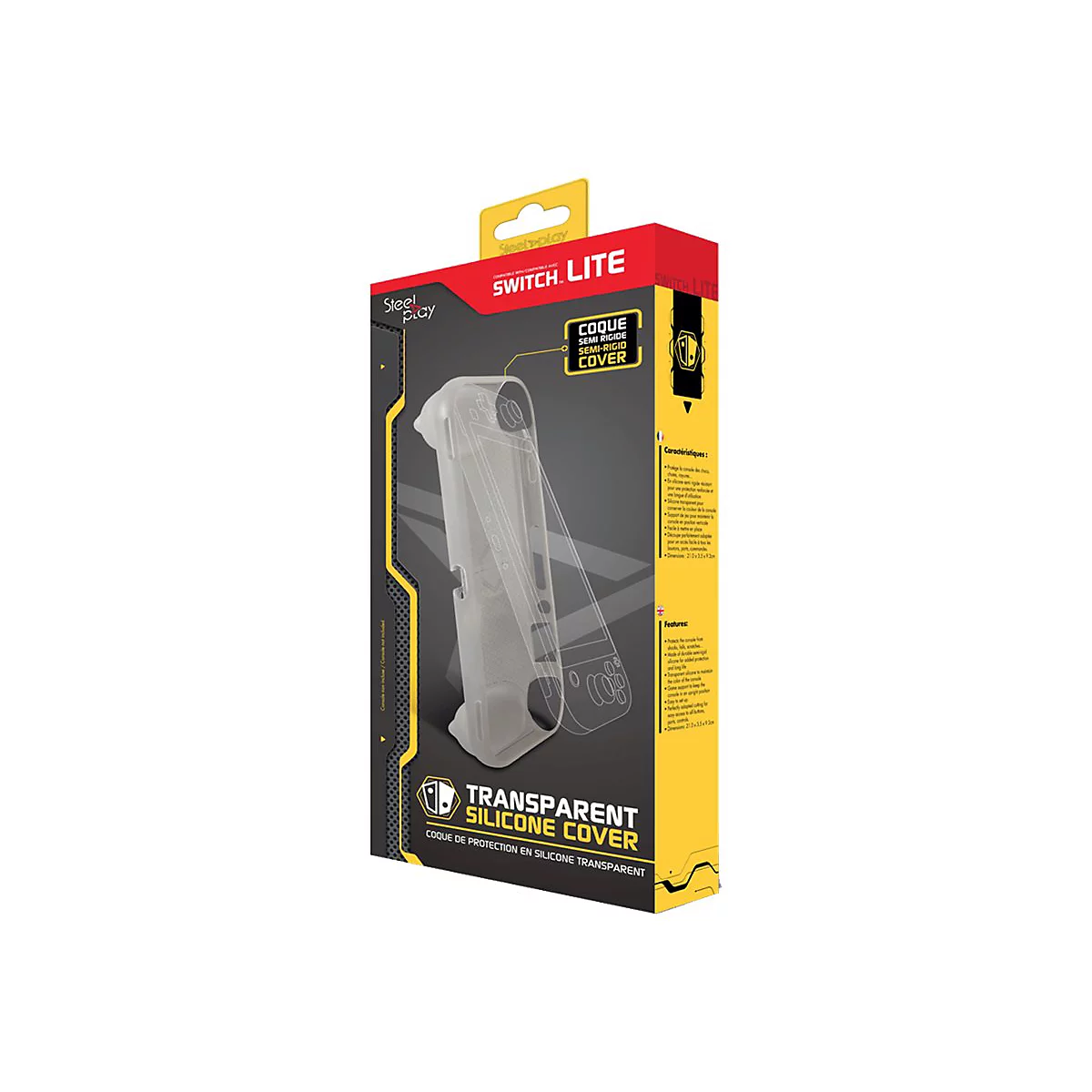 Produktverpackung einer transparenten Silikon-Schutzhülle für die Nintendo Switch Lite von Steelplay.