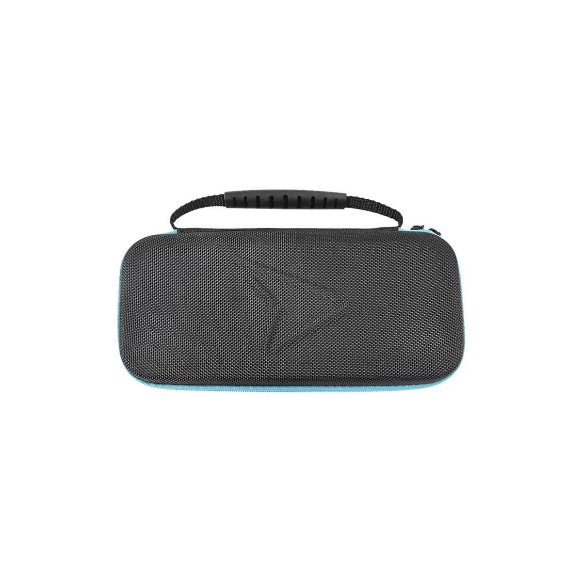 Schwarze Tragetasche mit blauem Reißverschluss und Griff. Oben ist ein Griff, der Reißverschluss befindet sich auf der Oberseite.