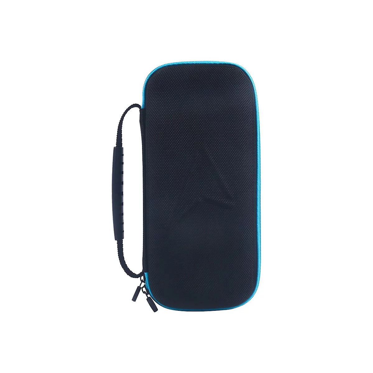 Schwarze, längliche Tragetasche mit blauem Reißverschluss und Griff. Die Tasche ist rechteckig und hat eine strukturierte Oberfläche.