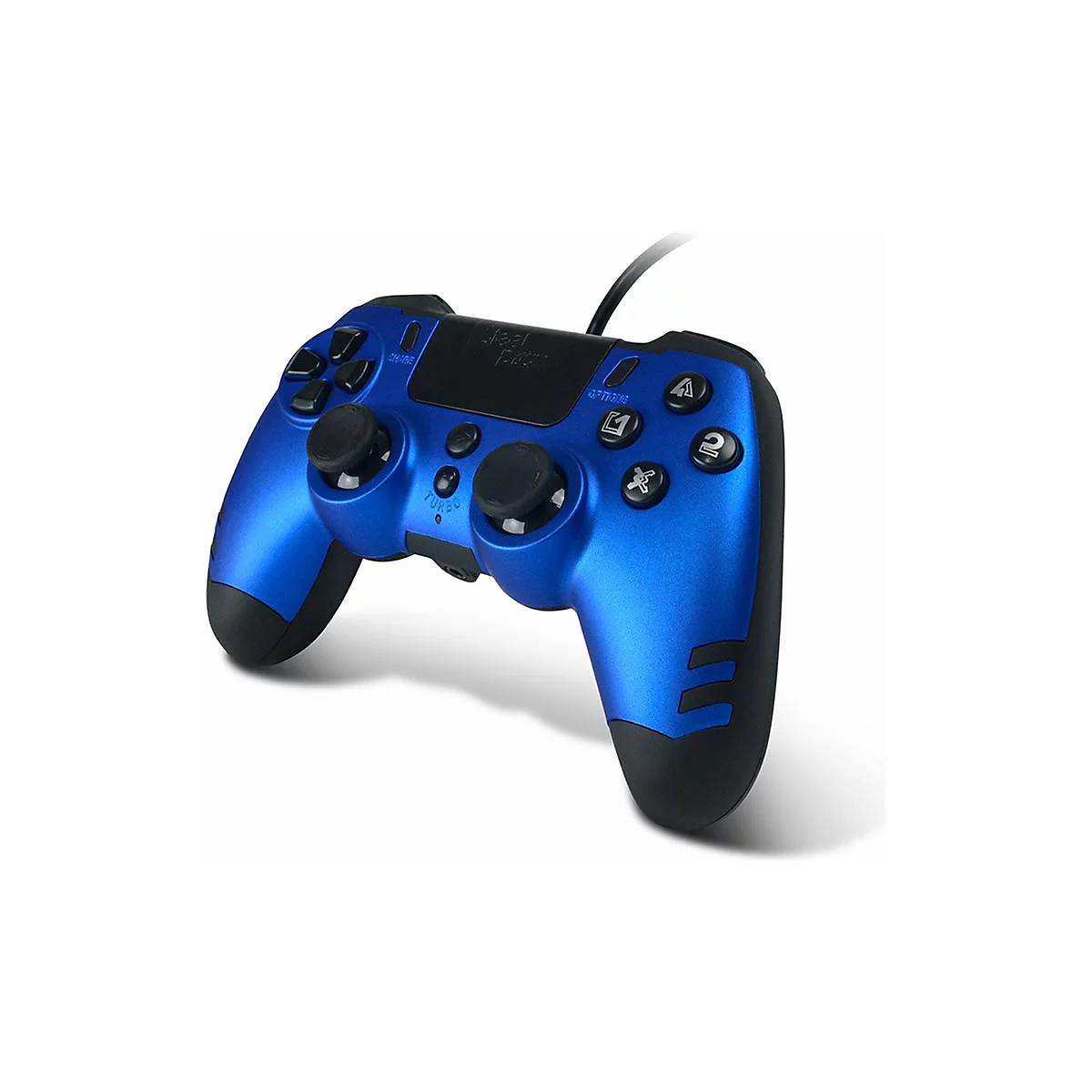 Manette de jeu bleue avec des détails noirs, des boutons et un câble. La manette repose sur un fond blanc.