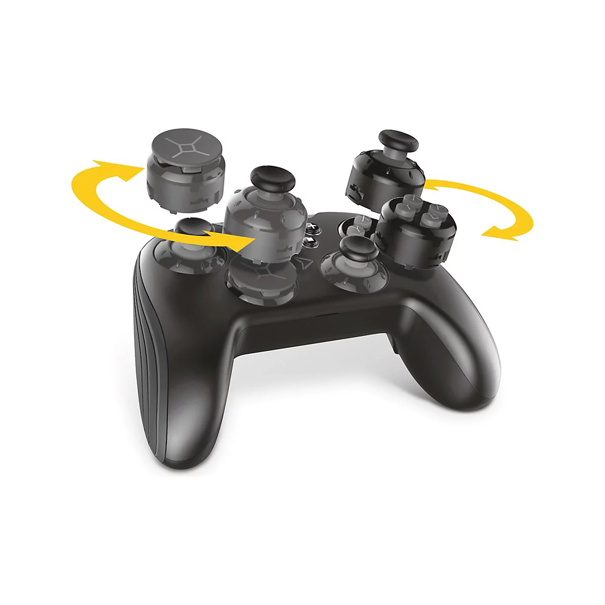 Ein schwarzer Gamecontroller mit abnehmbaren Knöpfen. Gelbe Pfeile zeigen die Austauschbarkeit der Knöpfe.