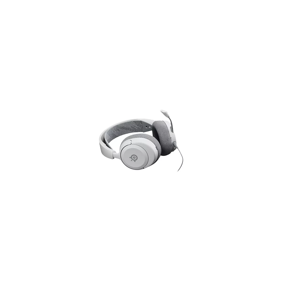 Weißes Gaming-Headset mit grauem Polster und Mikrofon, auf weißem Hintergrund.