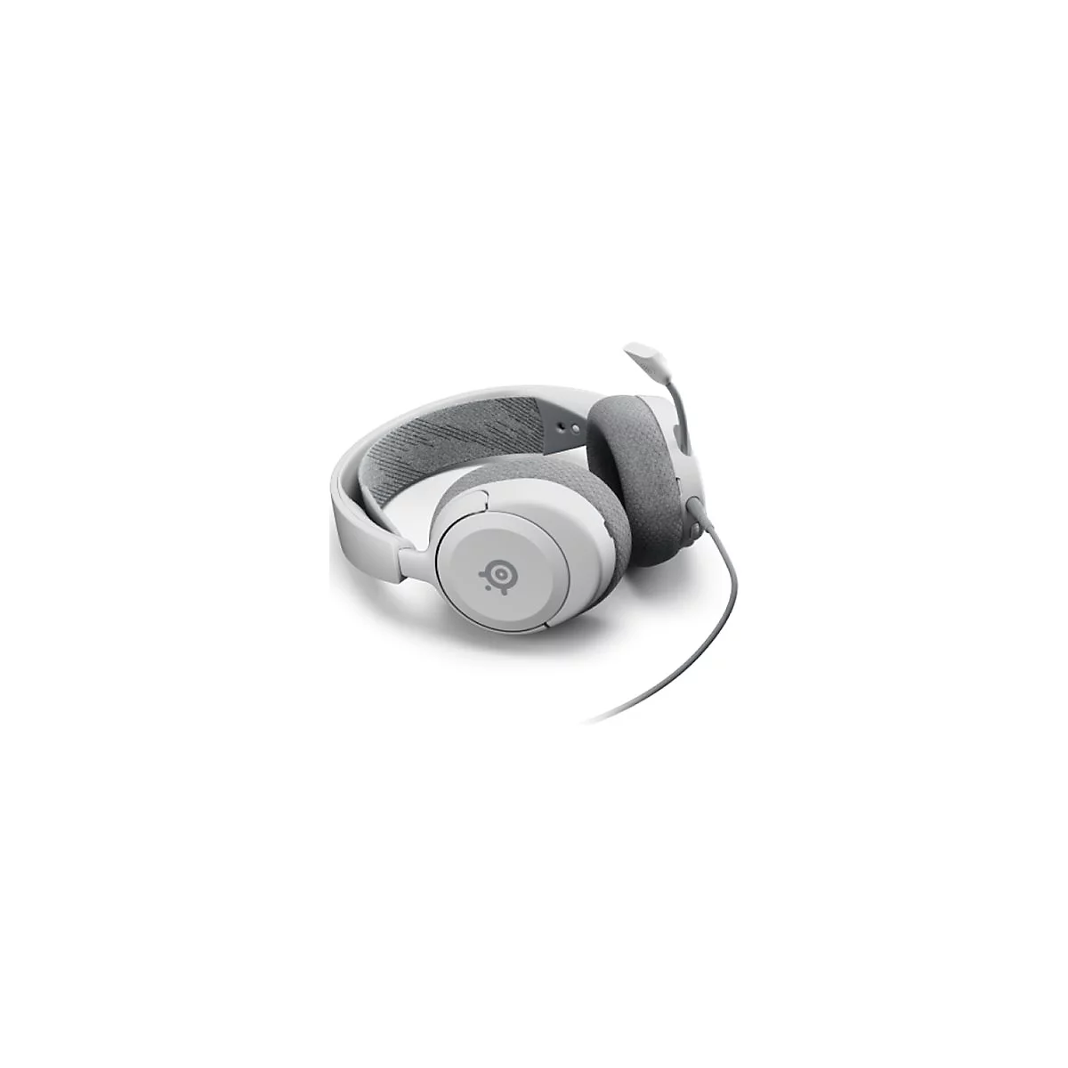 Weißes Headset mit Mikrofon, das auf einem weißen Hintergrund liegt. Das Headset hat graue Ohrpolster und einen grauen Kopfbügel.