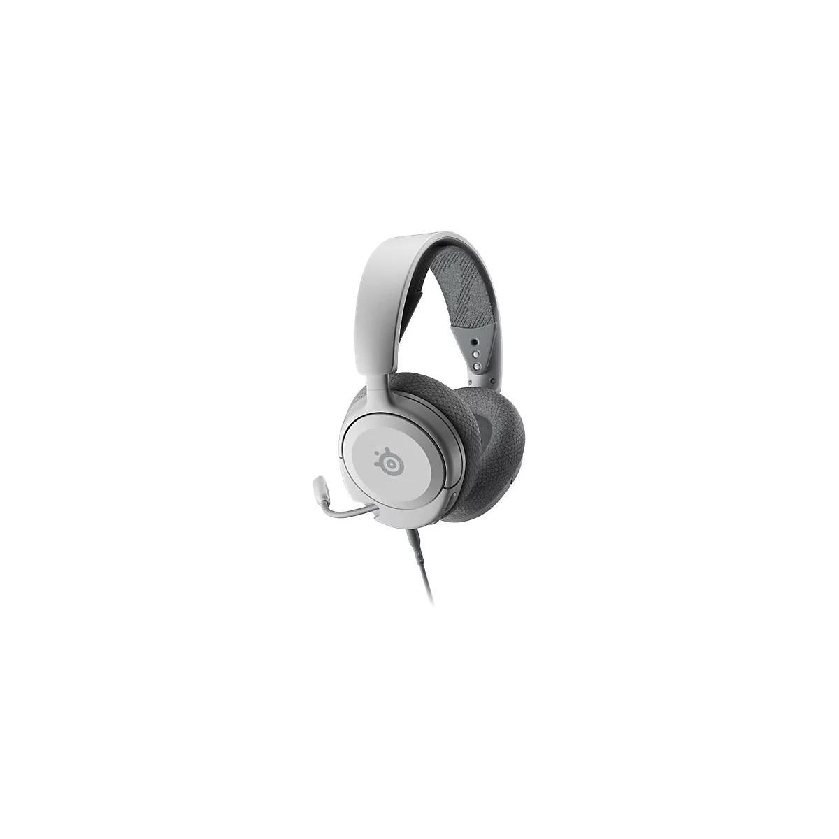 Hellgraues Gaming-Headset, leicht schräg vor weißem Hintergrund, mit Mikrofon und Kabel.