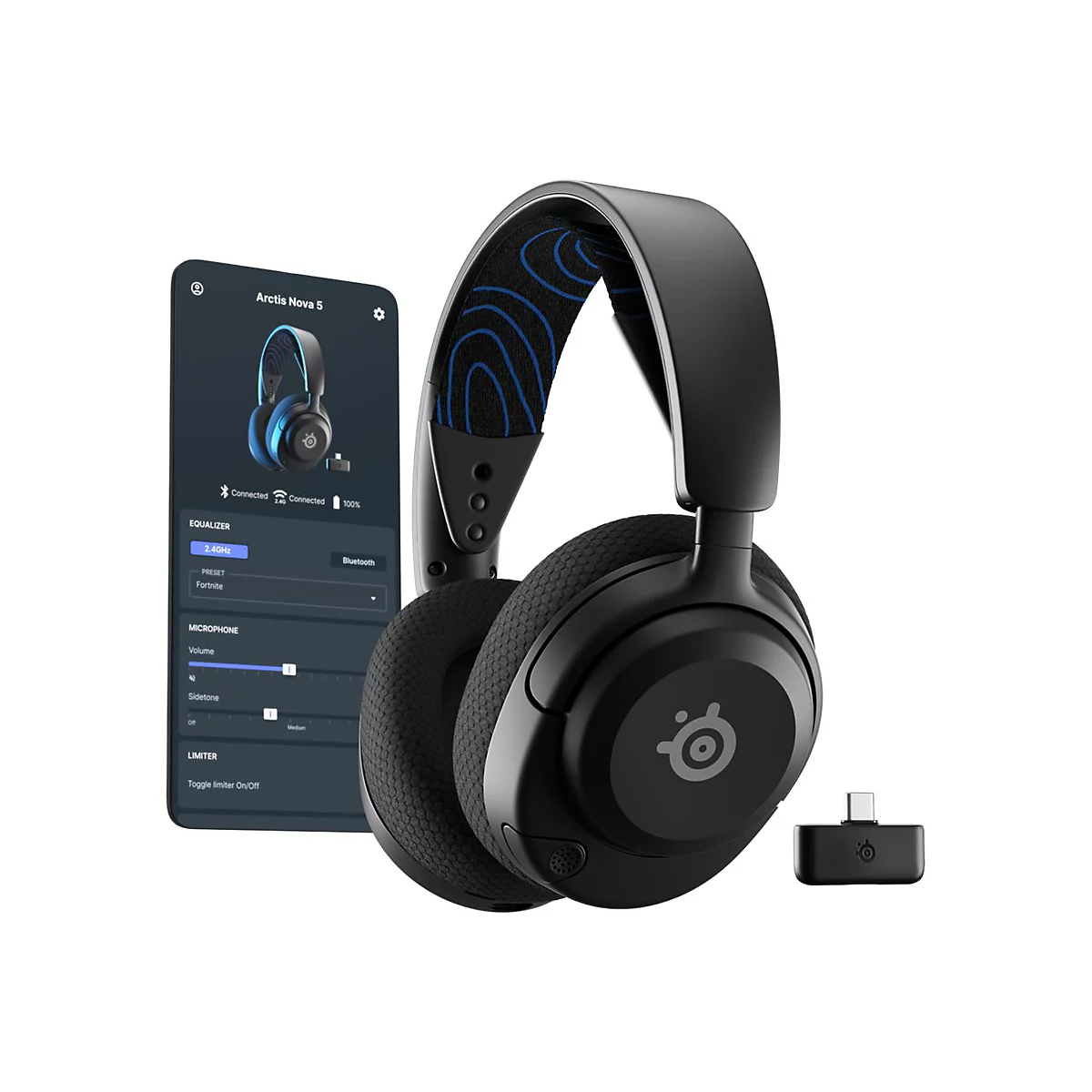 Schwarzer Over-Ear-KopfhÃ¶rer, Smartphone-App und USB-C-Adapter. Auf der App sind Einstellungen zu sehen.