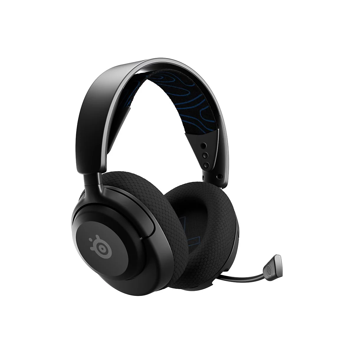 Schwarzes Headset mit Mikrofon, Nahaufnahme. Die Ohrpolster sind aus Stoff. Auf dem BÃ¼gel ist ein Muster zu sehen.