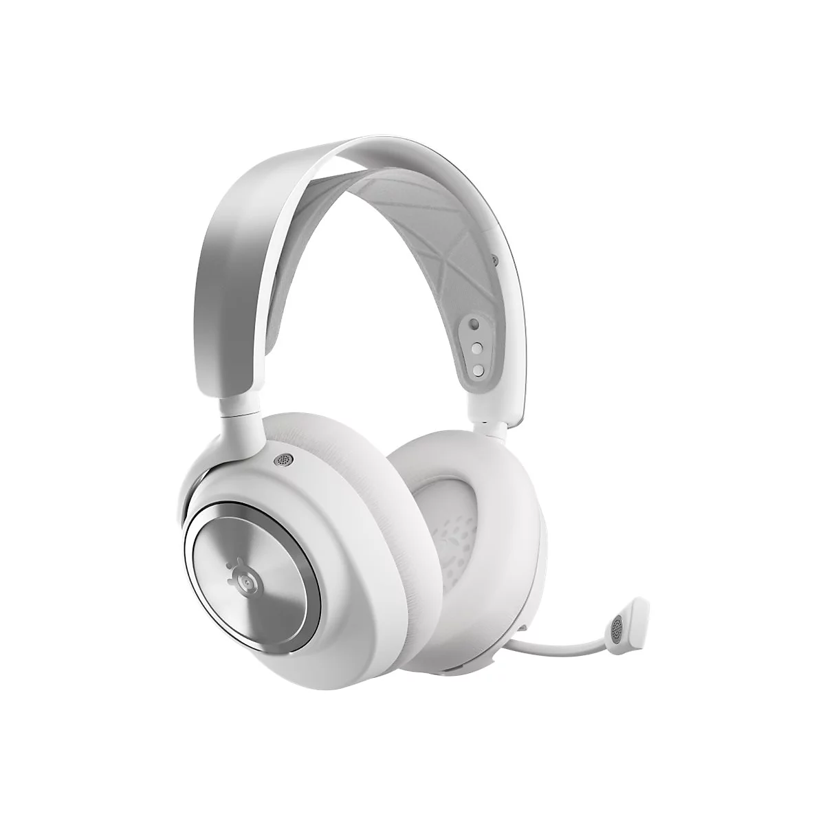 Weißes Headset mit Mikrofon, im Detail betrachtet. Das Headset hat gepolsterte Ohrmuscheln und ein verstellbares Kopfband.