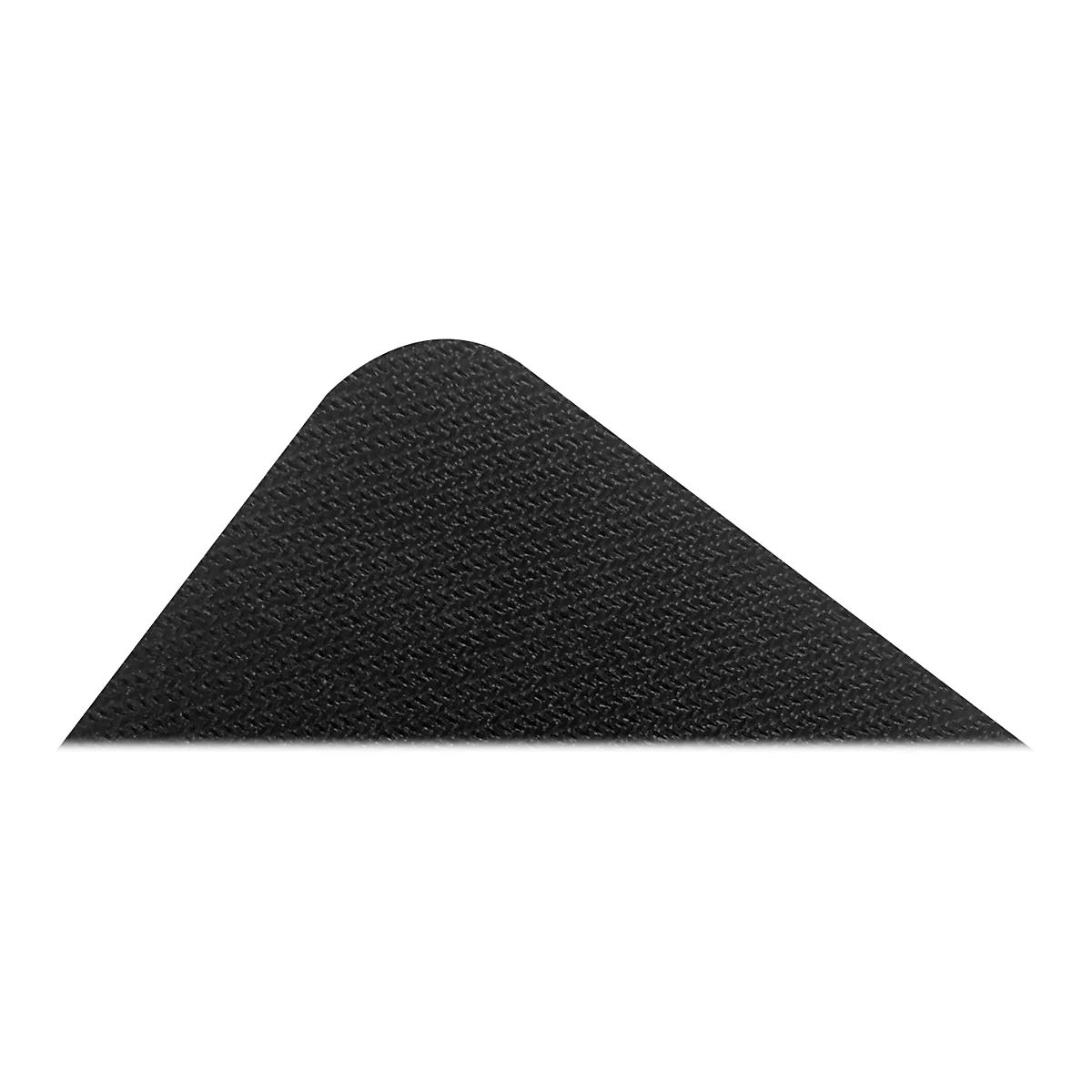 Schwarzes, dreieckiges Mousepad mit abgerundeter Ecke. Die Oberfläche hat eine feine, texturierte Struktur.
