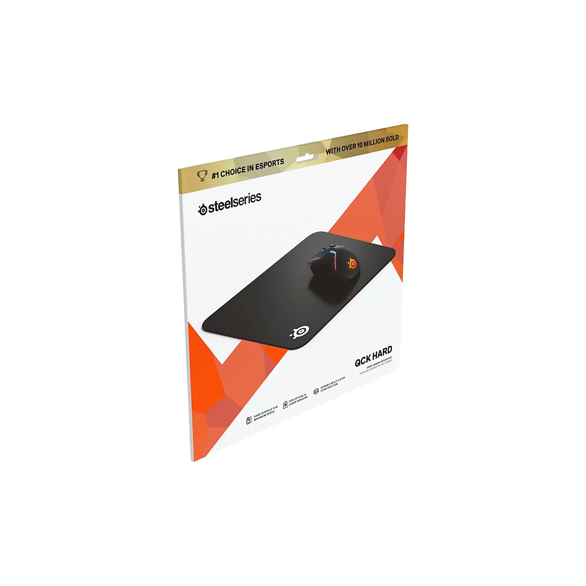 Produktverpackung mit Gaming-Maus und Mauspad. Aufschrift: "#1 Choice in Esports", "Steelseries", "QCK Hard". Schwarzes Mauspad, schwarze Maus mit RGB-Beleuchtung.