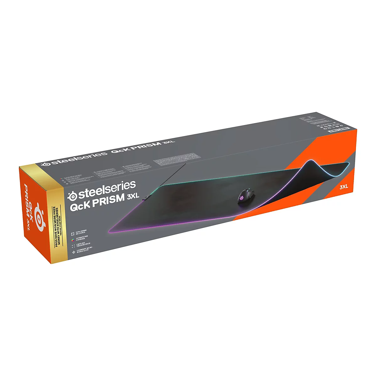 Eine Produktverpackung von Steelseries Qck Prism 3XL. Auf der Verpackung ist ein Mauspad abgebildet, auf dem sich eine Maus befindet.