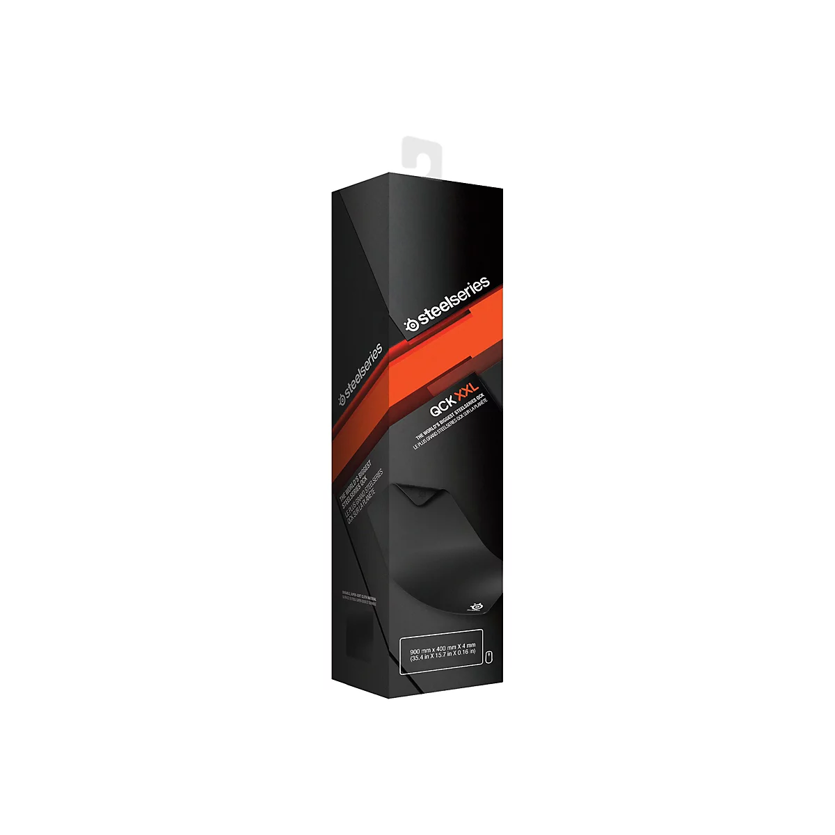 Produktverpackung von SteelSeries QCK XXL. Die Verpackung ist schwarz, hat orange Akzente und zeigt das Produkt.