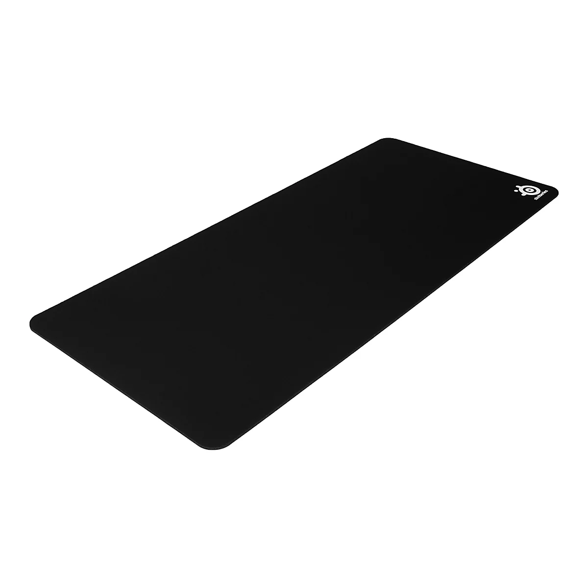 Schwarzes rechteckiges Mousepad mit weiÃŸem Firmenlogo in der Ecke.