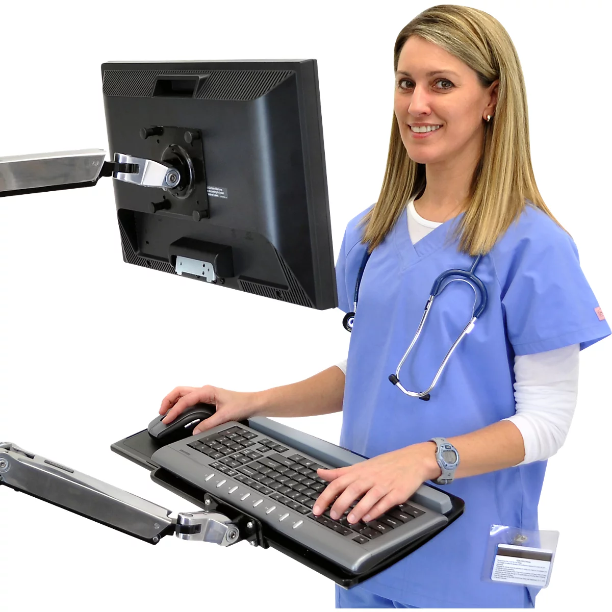Steh-Sitz-Arbeitsplatz Ergotron LX 45-247-026, Wandmontage, für 1 Display bis 32', mit Tastaturablage & mittelgroßer CPU-Halterung, höhenverstellbar, neigbar, dreh- & schwenkbar, Aluminium