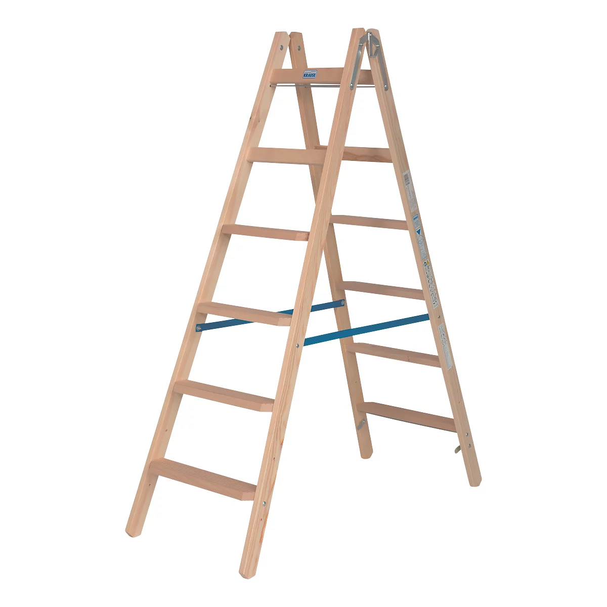 Stehleiter Krause, beidseitig, TRBS 2121-2, mit Eimerhaken, 2 x 7 Stufen/Sprossen, Holz
